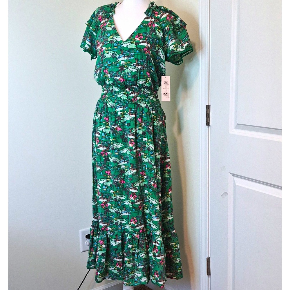 Nanette Lepore Green Tropical Scenic Chiffon V-Neck Flutter Sleeve Midi Dress 6